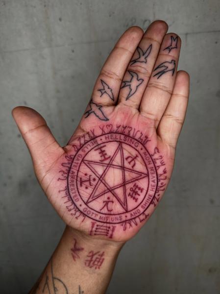 Linework pentagram seal tattoo by @lukeaashley