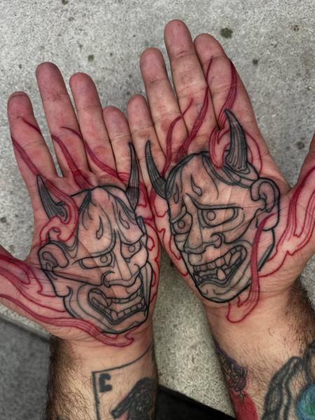 Traditional demon masks tattoo by @lukeaashley