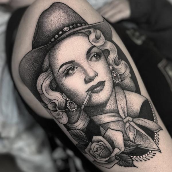 Realism cowgirl portrait tattoo by @lunalucerotattoo