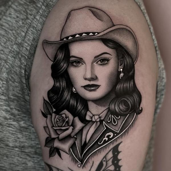 Realism cowgirl portrait tattoo by @lunalucerotattoo