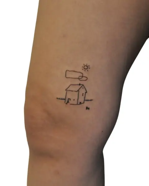 Fine line minimal house tattoo by @tatts_n_tonic
