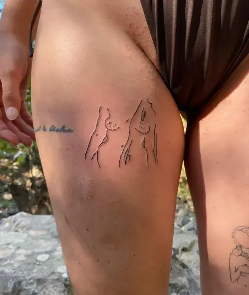 Fine line abstract figures tattoo by @atsoumpeli