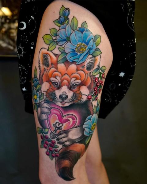 Illustrative color red panda flowers tattoo by @mads.flugt