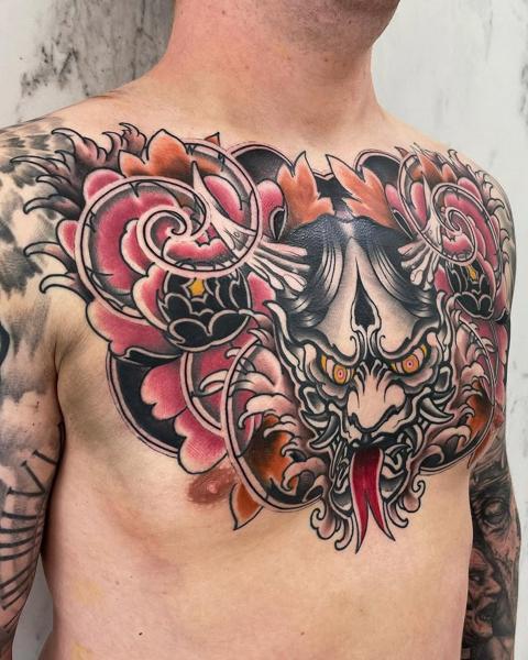 Japanese hannya mask floral tattoo by @mads.flugt