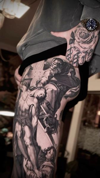 Realism religious scene tattoo by @maksimprimo