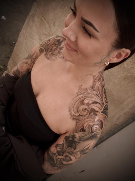 Realism ornamental portrait tattoo by @maksimprimo