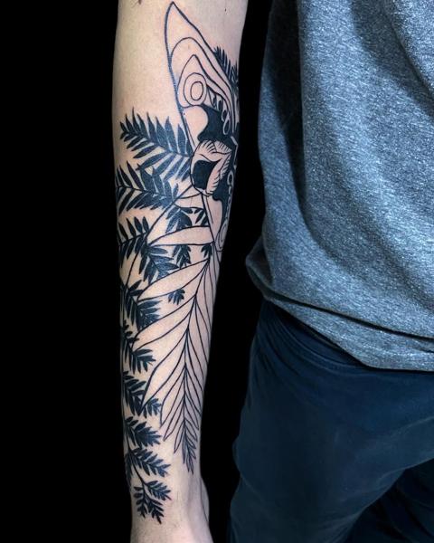 Blackwork butterfly ferns tattoo by @mama.tattooo
