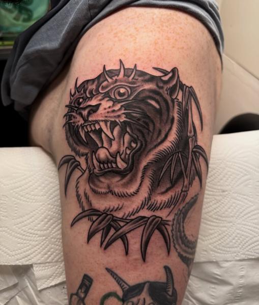 Traditional spiked tiger tattoo by @not_cultured_tattoo