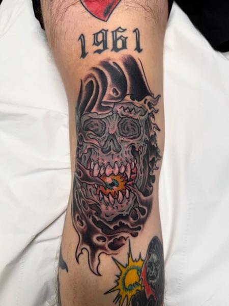 Illustrative demonic skull tattoo by @not_cultured_tattoo