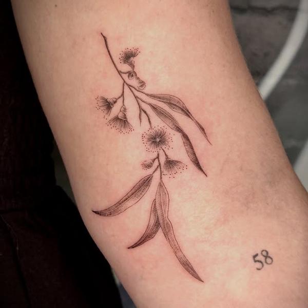 Fine line eucalyptus branch tattoo by @marcelclaude.tattoo