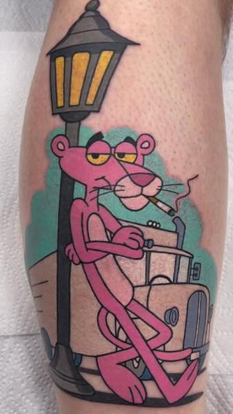 Traditional pink panther tattoo by @marc_studio_ink