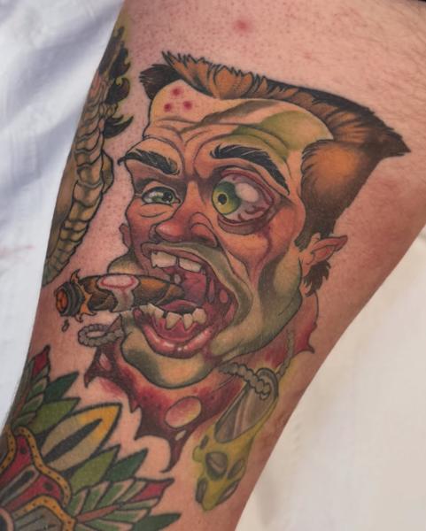 Traditional zombie portrait tattoo by @marcustattoos