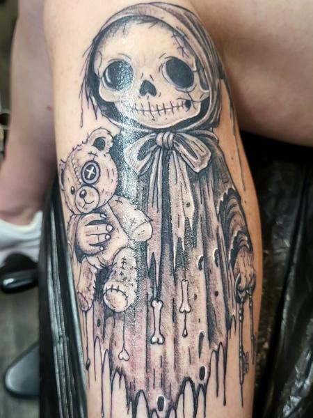 Illustrative skeleton with teddy tattoo by @blood_sweat_and_tears_tattoo