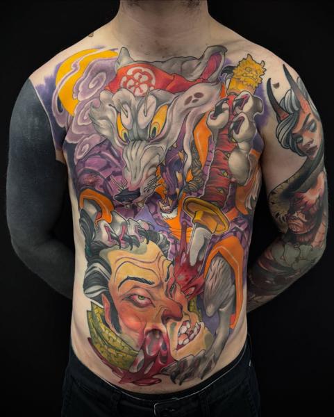 Japanese demonic creature tattoo by @marcustattoos