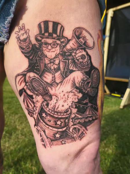 Illustrative circus performer tattoo by @blood_sweat_and_tears_tattoo