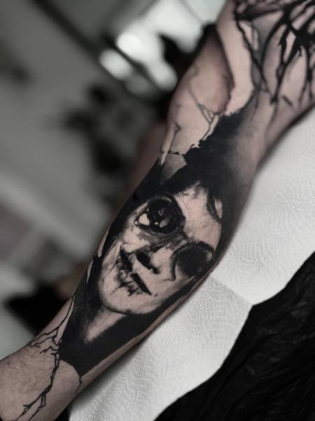 Realism creepy portrait tattoo by @marcus_giuliano_stolz_tattoo