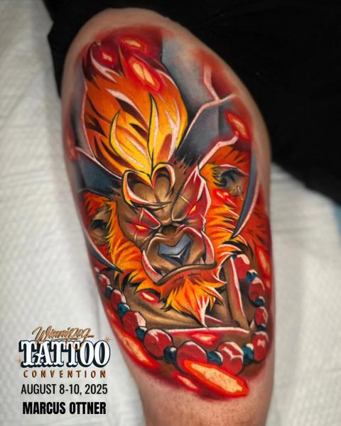 Anime fiery character tattoo by @marcusottner