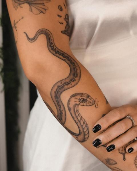 Dotwork coiled snake tattoo by @marditattoo