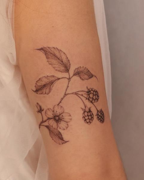 Fine line berry branch tattoo by @marditattoo