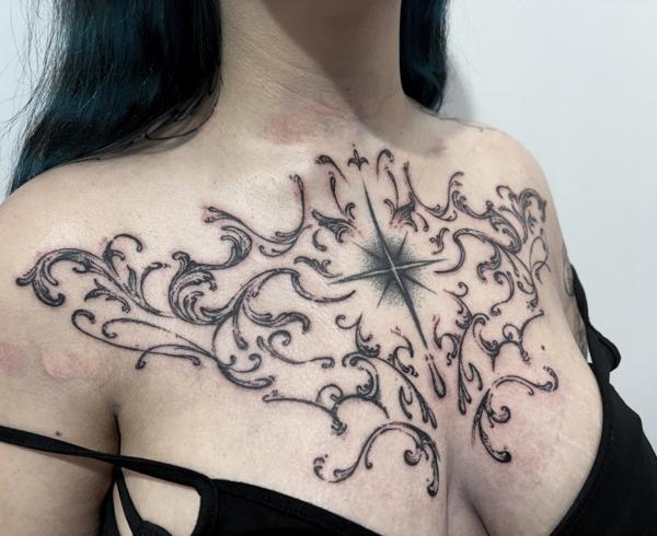 Ornamental ornamental star tattoo by @mazira.tattoos