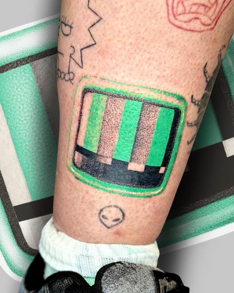 Illustrative striped tv screen tattoo by @salvidenning_art