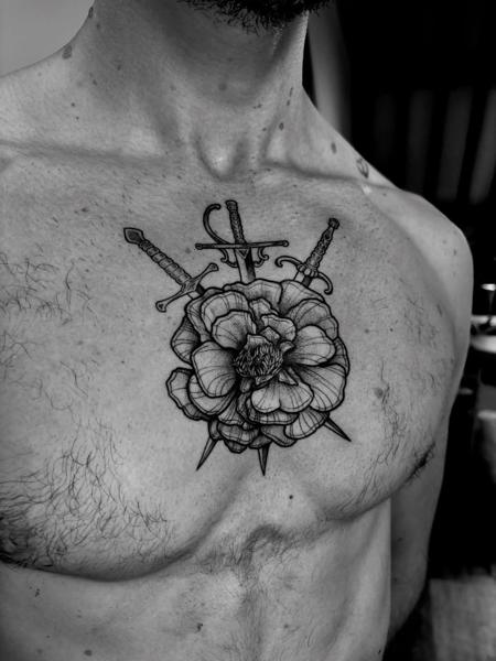 Blackwork flower and swords tattoo by @mariamanzitattoo