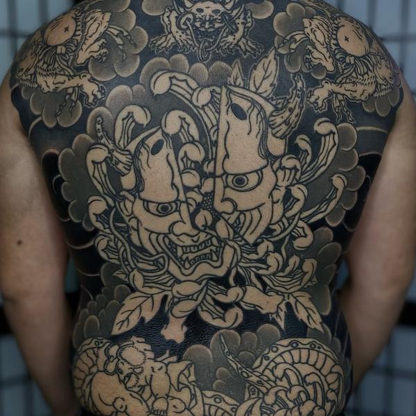 Japanese japanese masks tattoo by @marsu_tattooer