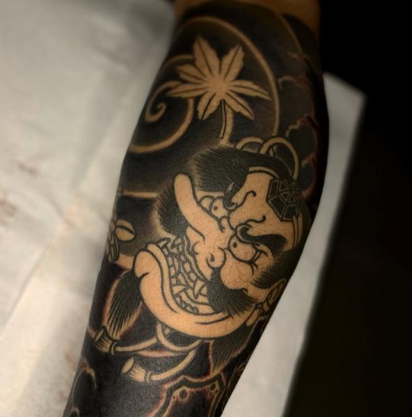 Japanese japanese mask tattoo by @marsu_tattooer
