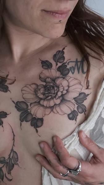 Fine line floral peony flower tattoo by @marisatattooartist