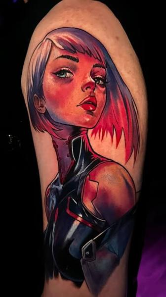 Illustrative cyberpunk woman tattoo by @mariusz_detka_tattoo