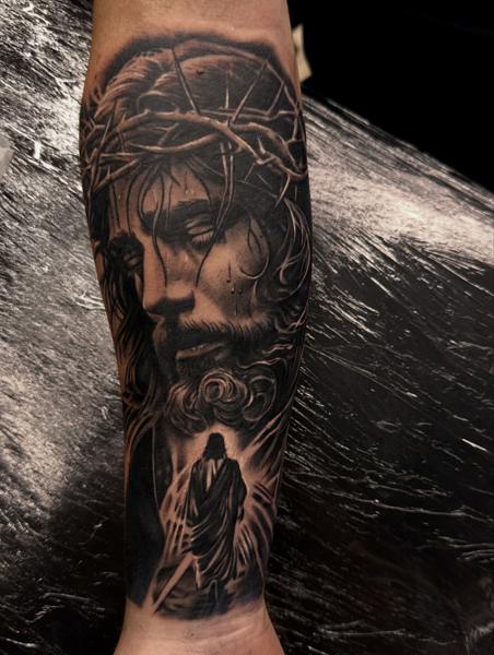 Realism jesus portrait tattoo by @mariusz_detka_tattoo