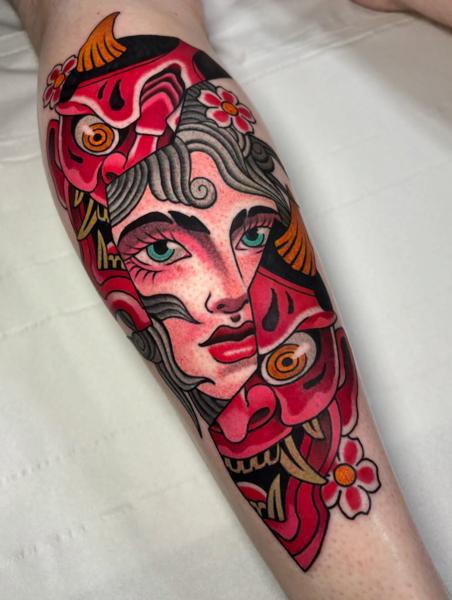Japanese woman and oni mask tattoo by @mvrktattoo