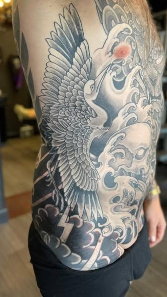 Japanese crane and skull tattoo by @markwickedink