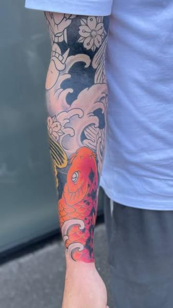 Japanese koi fish tattoo by @markwickedink
