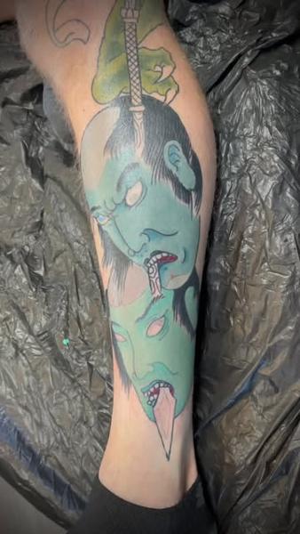 Japanese green masks tattoo by @markwickedink