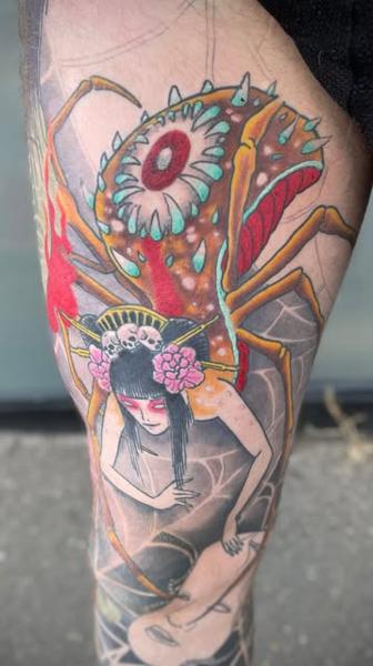 Japanese spider woman tattoo by @markwickedink