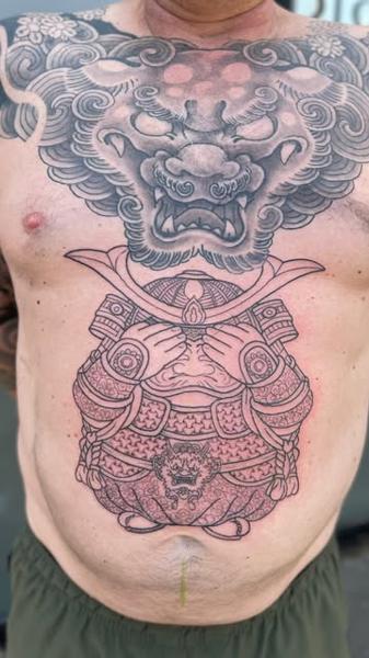 Japanese samurai and lion tattoo by @markwickedink