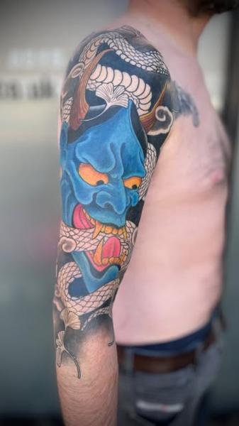 Japanese blue oni mask tattoo by @markwickedink