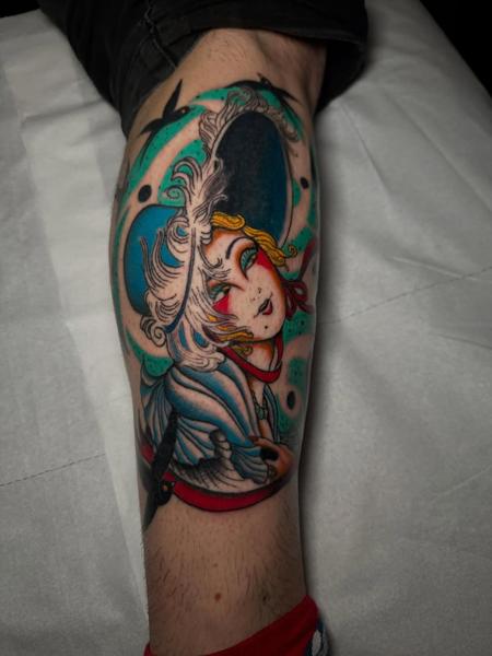 Neo-traditional colorful character tattoo by @quipstertattoos