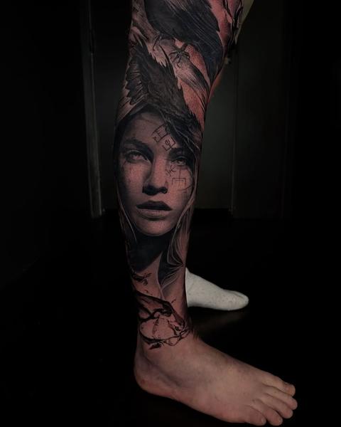 Black and grey realism viking woman ravens tattoo by @markwosgerau