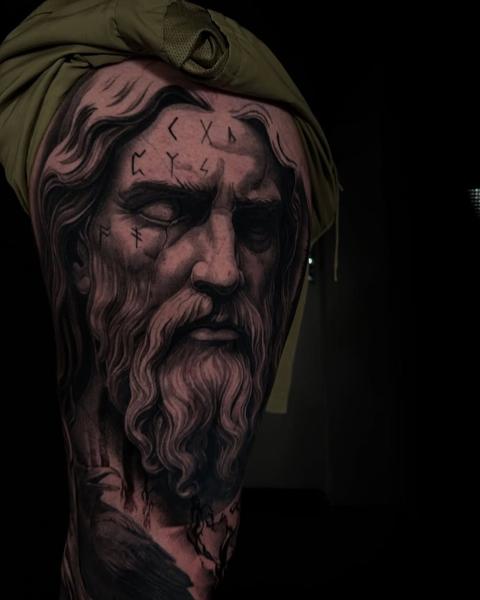 Realism bearded man statue tattoo by @markwosgerau