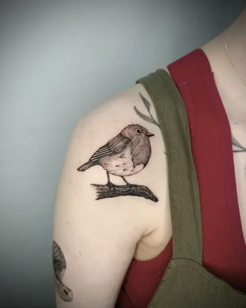 Dotwork perched bird tattoo by @martatattoos