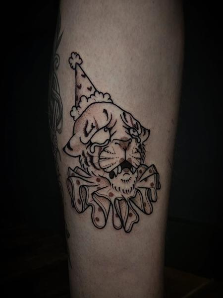 Neo-traditional crying clown tiger tattoo by @marthmallow.tatts