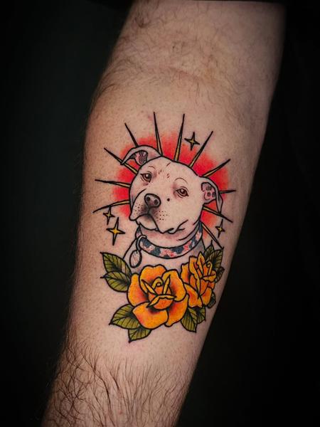 Traditional pitbull roses tattoo by @marthmallow.tatts