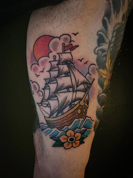 Traditional sailing ship tattoo by @marthmallow.tatts