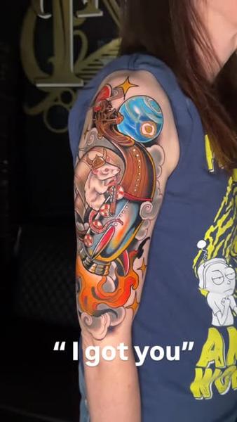 Anime cartoon character tattoo by @mattedwardstattoos