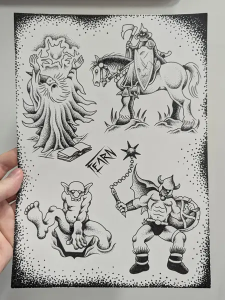 Blackwork fantasy creatures tattoo by @fearn_tattoo