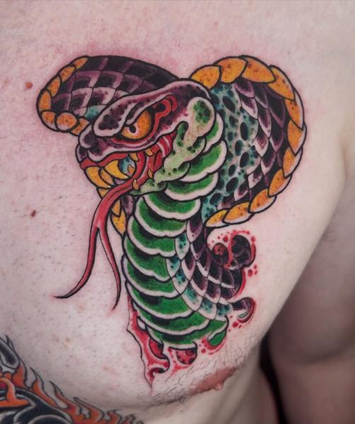 Traditional colorful cobra tattoo by @matt.ono.tattoo