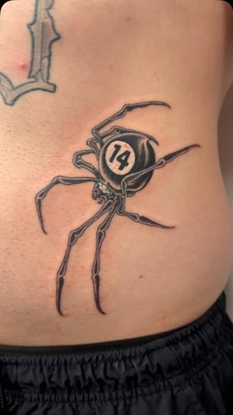 Traditional spider pool ball tattoo by @matt.ono.tattoo