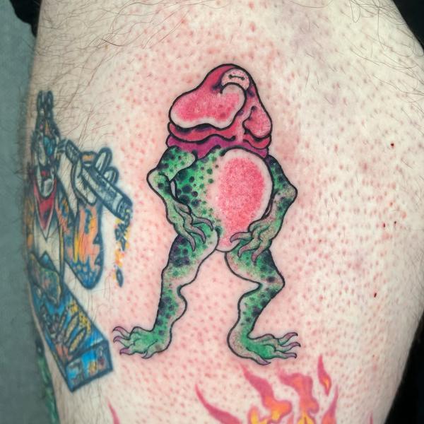 Illustrative frog creature tattoo by @matt.ono.tattoo